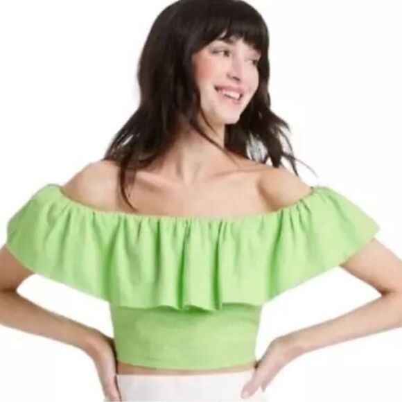 a new day Tops - A New Day Off-the-Shoulder Ruffle Crop Top – Size L – Lime Green - NWT